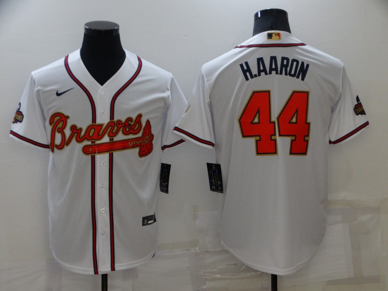 Braves 44 Hank Aaron White 2022 Gold Program Nike Cool Base Jersey,We sell and wholesale Braves 44 Hank Aaron White 2022 Gold Program Nike Cool Base Jersey on line form chian!
